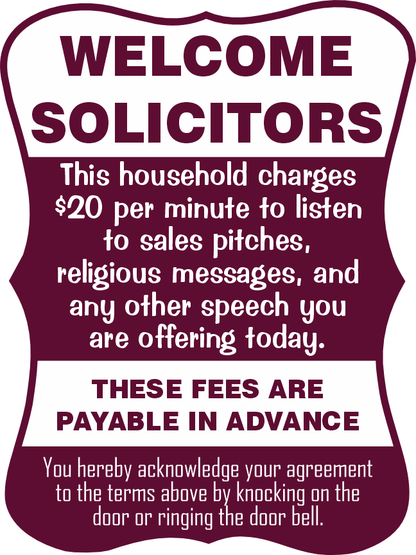 Welcome Solicitors Sign - Funny Door Sign - Salespeople Sign