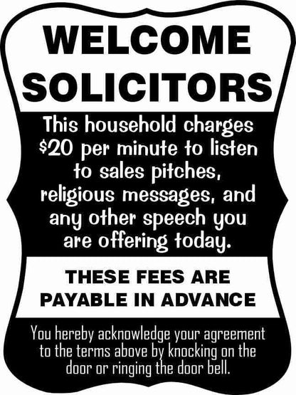 Welcome Solicitors Sign - Funny Door Sign - Salespeople Sign