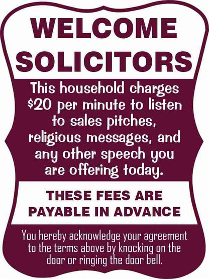 Welcome Solicitors Sign - Funny Door Sign - Salespeople Sign
